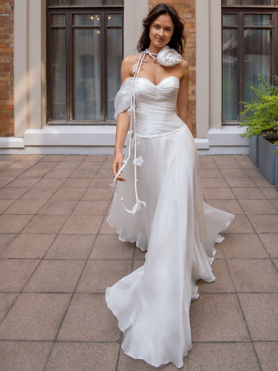 Asymmetrical organza bridal gown