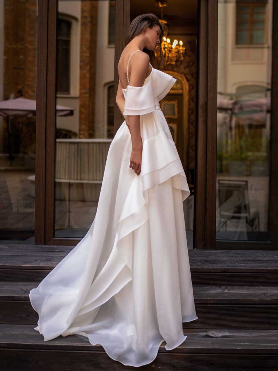 Organza bridal gown with layered off-shoulder detail