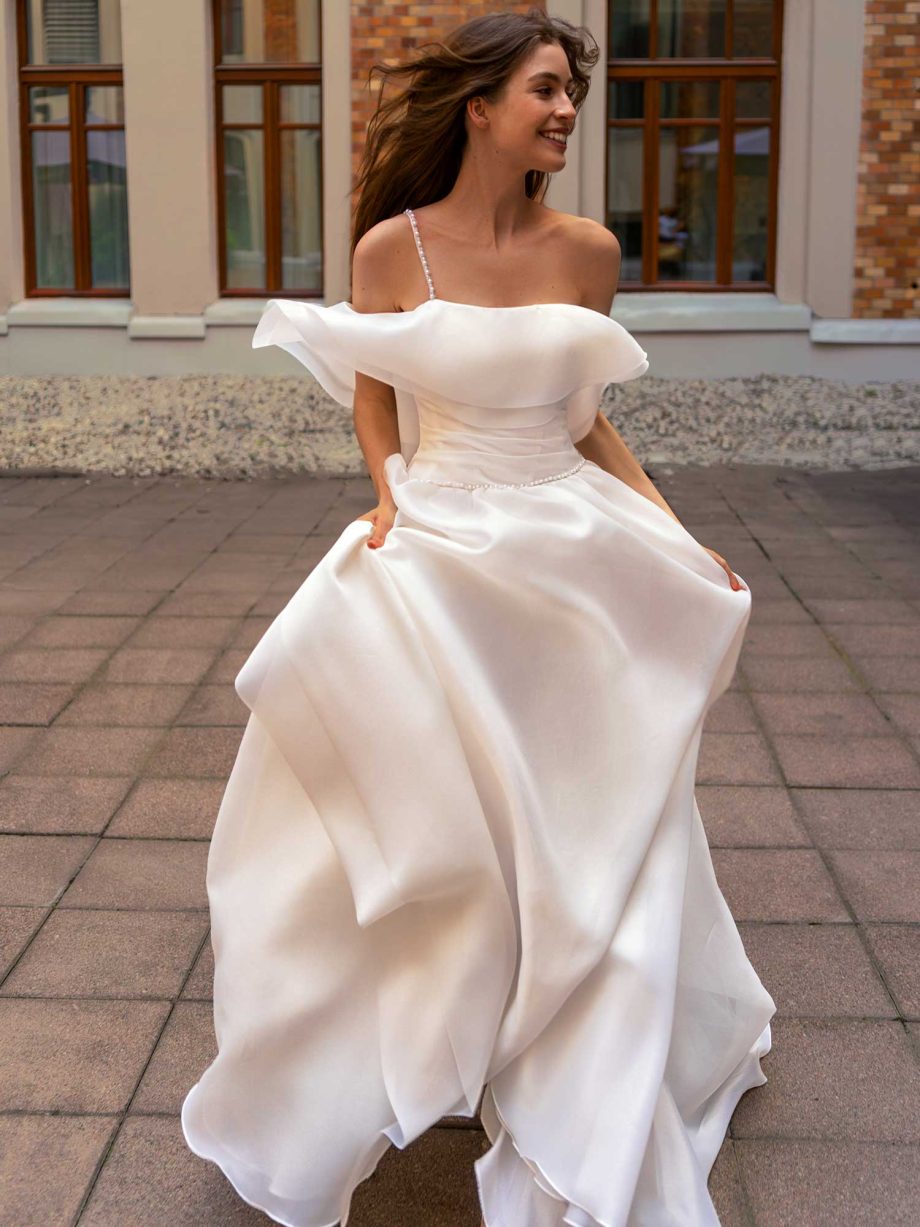 Organza bridal gown with layered off-shoulder detail