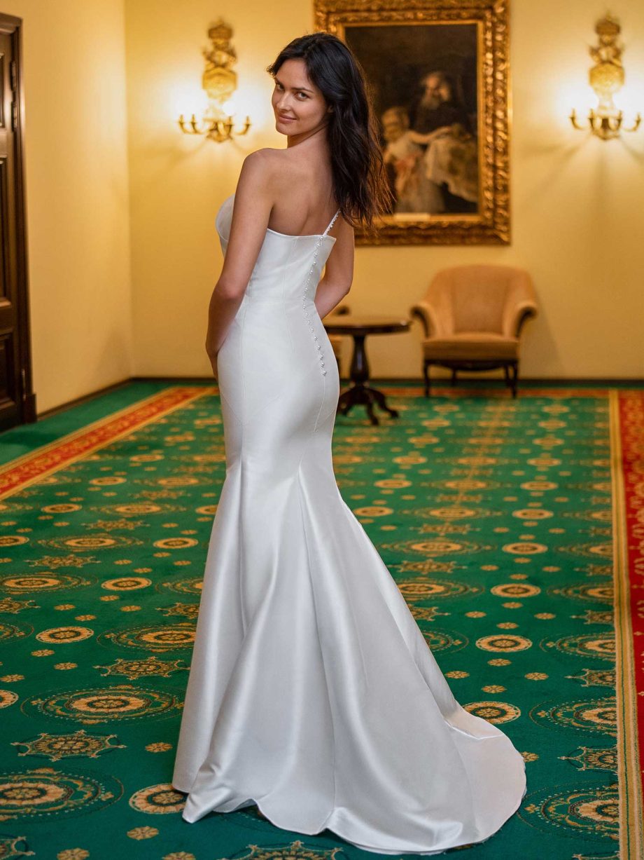 One shoulder fitted satin bridal gown