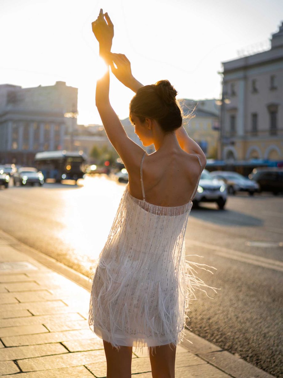 Mini wedding dress with fringe