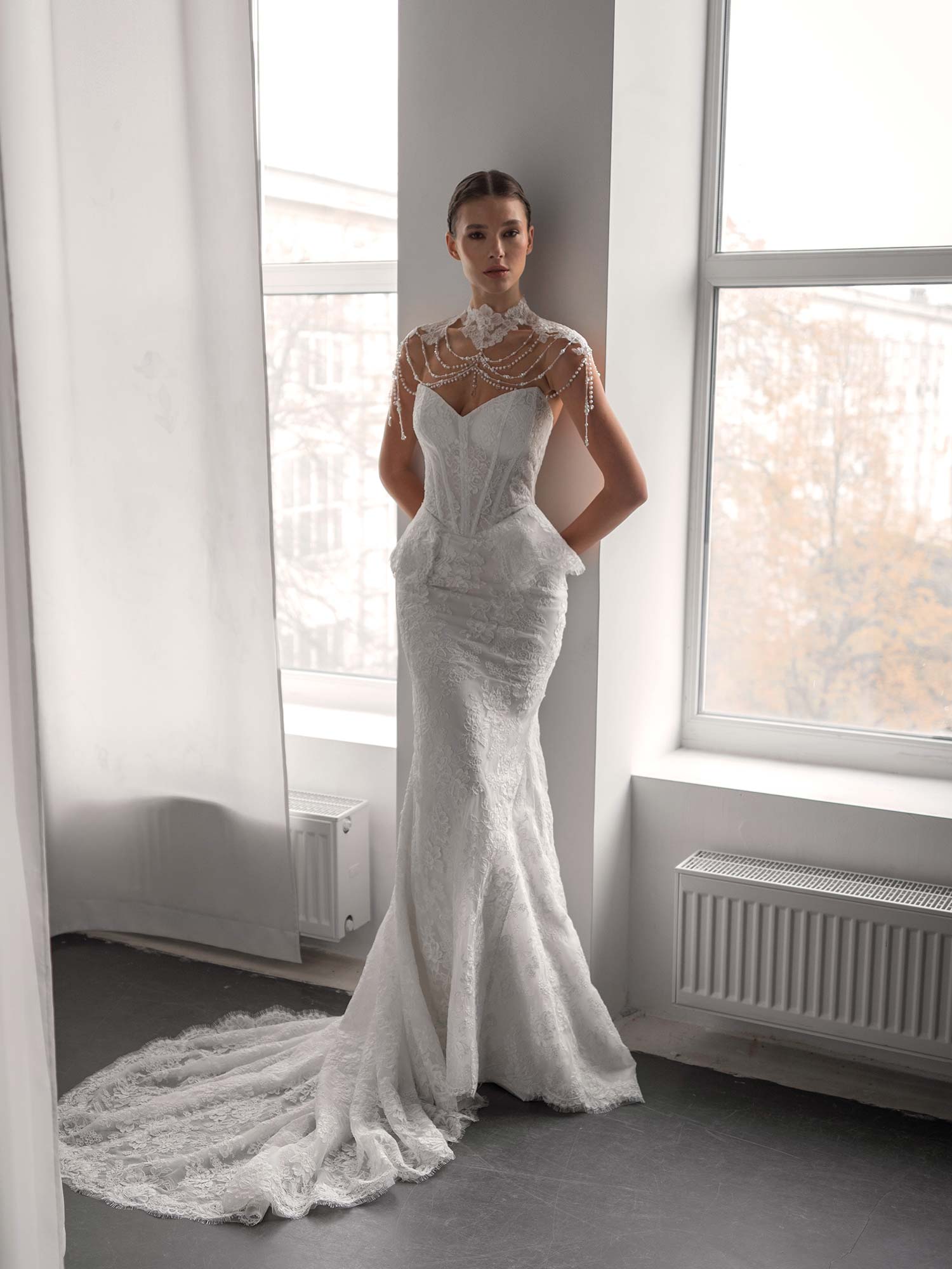 lace fit and flare wedding dress with basque waist silhouette and detachable collar, Toronto bridal shop