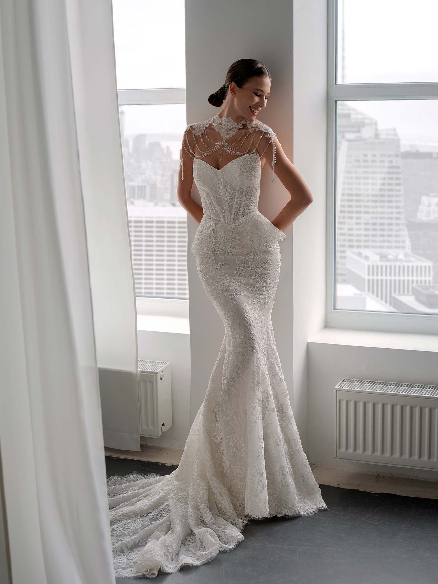 basque waist fit and flare wedding dress with lace and detachable collar, available at Toronto bridal shop Papilio Boutique, bridal stores in Toronto