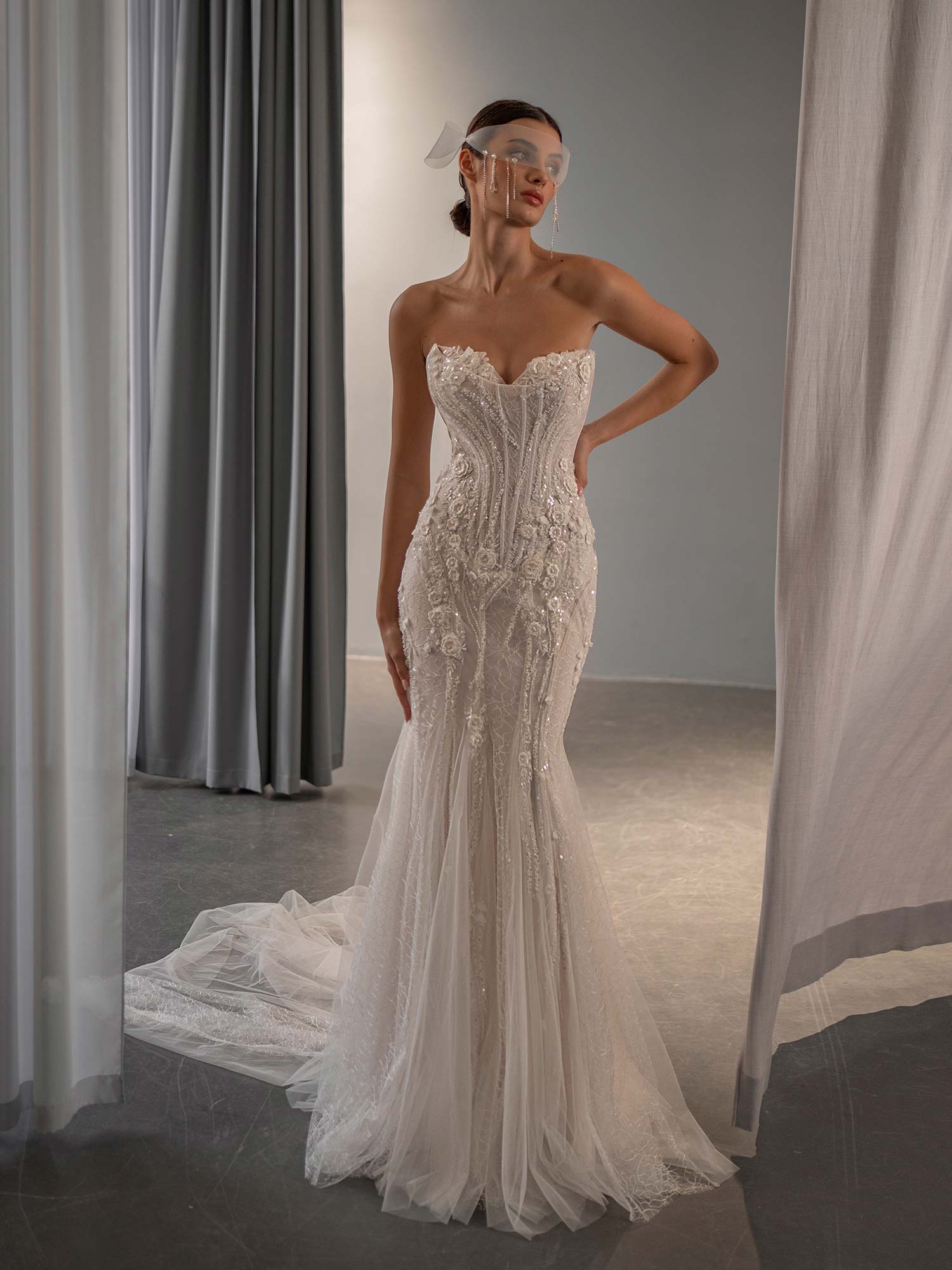 fit and flare wedding dress with basque waist, 3D flowers, beading, and lace-up back by Papilio Boutique bridal store in Toronto