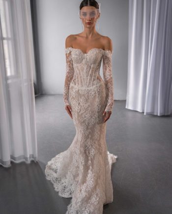 Drop waist fit and flare wedding dress with off the shoulder long sleeves in lace, BY Papilio Boutique, Toronto bridal store.