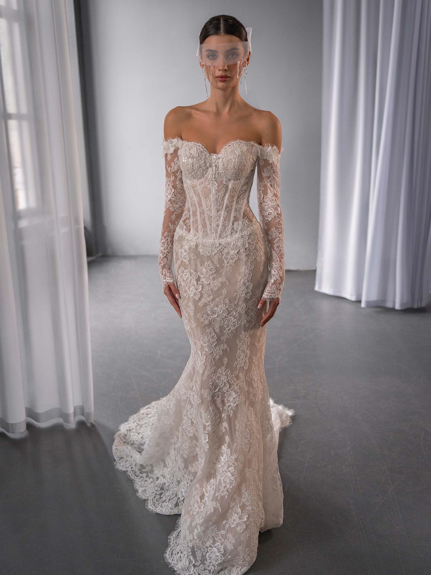 Drop waist fit and flare wedding dress with off the shoulder long sleeves in lace, BY Papilio Boutique, Toronto bridal store.